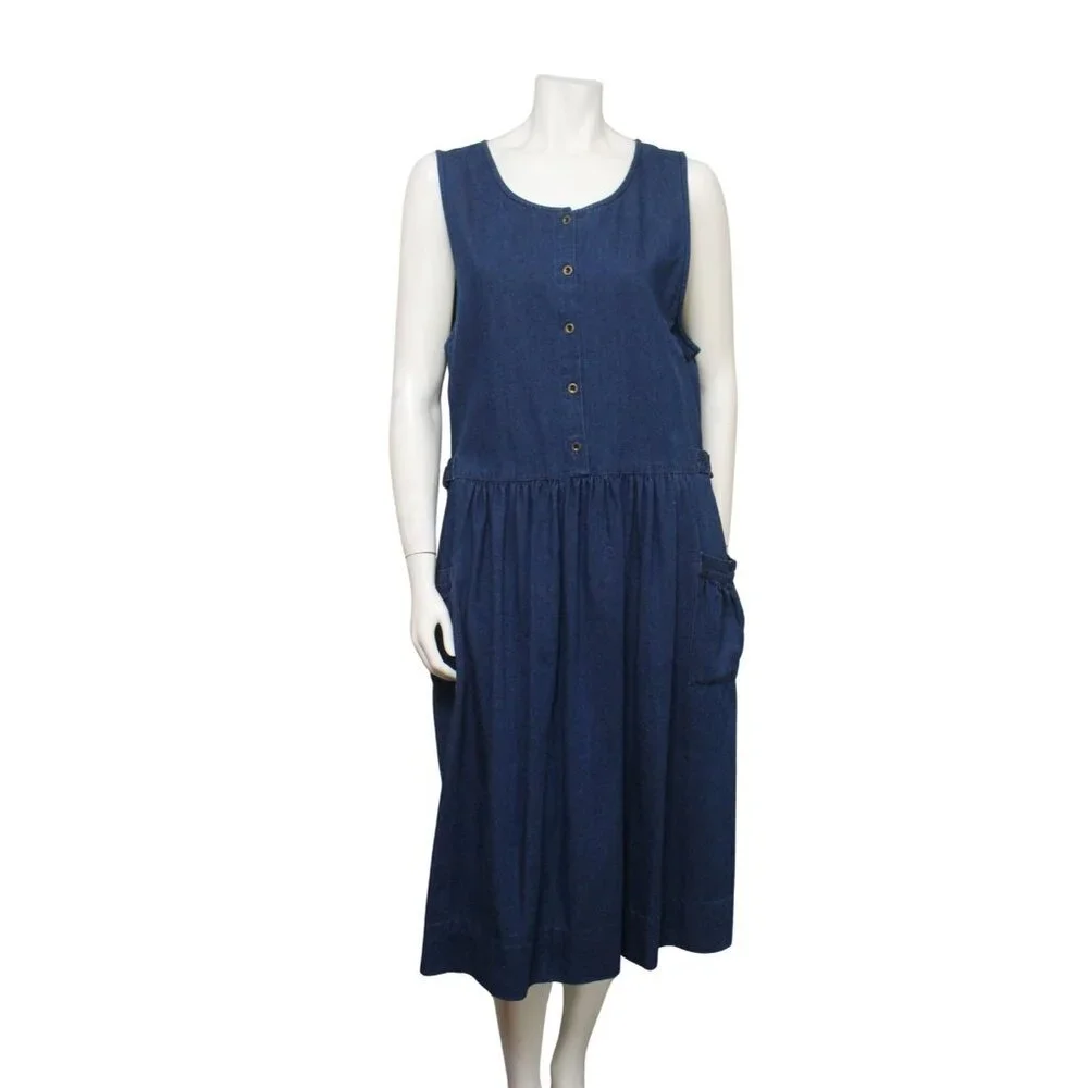 Vintage Y2K Denim Dress Size Large Eddie Bauer Button Pockets 90s Modest Prairie